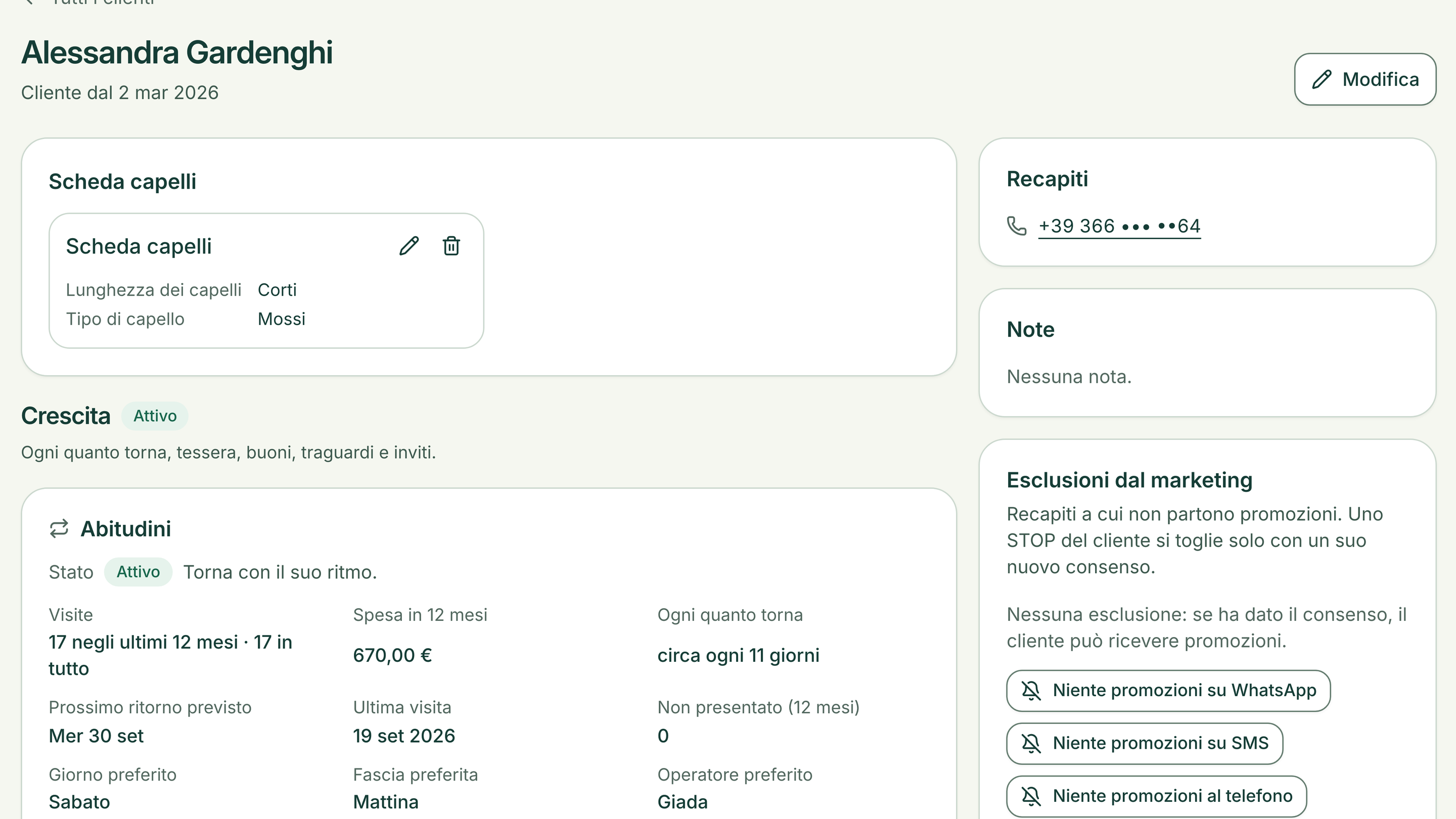Scheda cliente di Semuvo con storico, abitudini per servizio e attività del cliente dimostrativo
