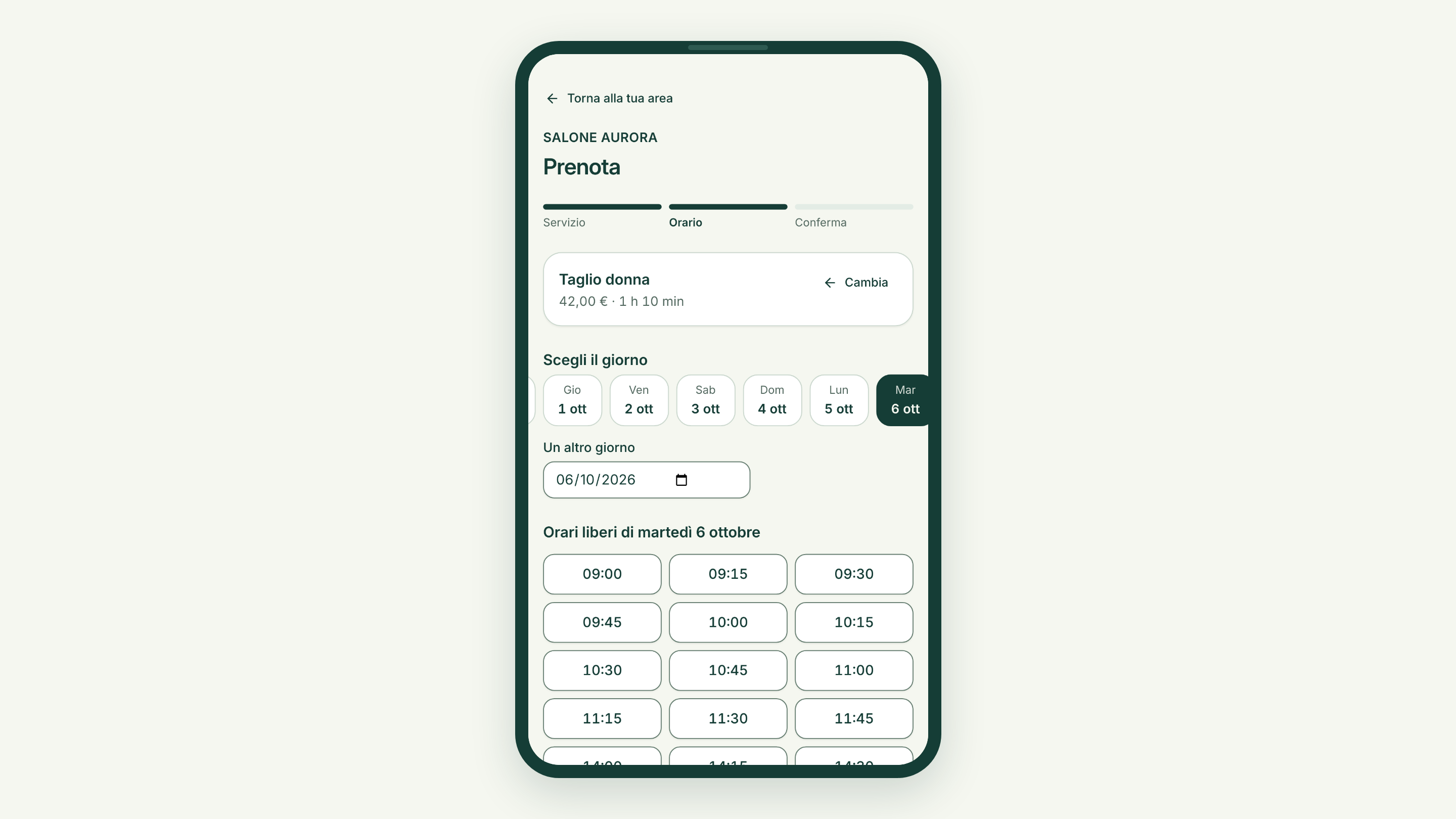 Area cliente Semuvo sul telefono: scelta di un orario per prenotare